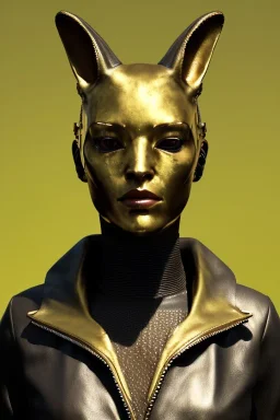 Medium Close Up Portrait, Front image. cyberpunk, rabbit mask, sweet woman, gold hair. Leather, feather suit army. Yellow, red, color. Renacentistic style. Color background, photo studio. Avatar image, highly detailed, concept art, smooth, unreal engine 5, ray tracing, RTX, lumen lighting, ultra detail, volumetric lighting, 3d, finely drawn, high definition, high resolution.