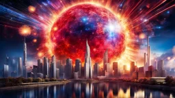 the futuristic hightech city big explosion with red, blue and some yellow hues representing the Big Bang, explosion centered, radiating energy, celestial particles emanating from the core, deep space ambiance, high contrast ultra clear, ultra realistic, perfect shot, professional photo