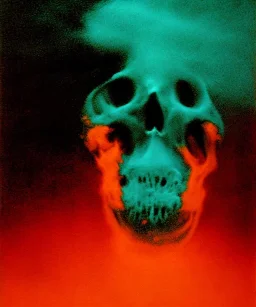 broken skull. black background. smoke and explode. particles in air. teal and orange. abstract. beksinski.