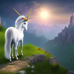 A unicorn standing on a ridge-line, surveying the valley below.