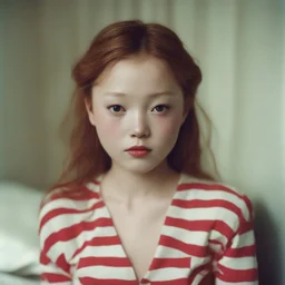 devon aoki with freckles and red cheeks, in a bedroom, autochrome, background with red and white stripes