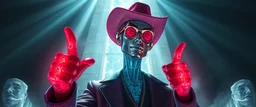 smoke light rays, depth of field, awake in a dream eraser head psychedelic neon coy cyberpunk cowboy pointing thumbs up brilliant detailed full figure portrait disco glittery fluffy slender man anime in the style of Escher and Giger in front of dented marble tower of transparent glass statues