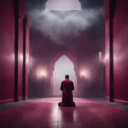 Hyper Realistic man praying inside a maroon wall mosque with thick fog & rainy night