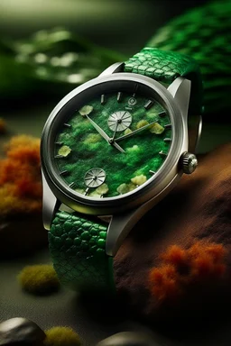 Create a captivating image of an aventurine dial watch surrounded by elements of nature, with soft natural light illuminating the scene, symbolizing the seamless integration of luxury and the organic world."