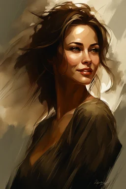 Beautiful woman about 35 years old. Brown hair, brown eyes. Light skin, wise smile, Raymond Swanland & Alyssa Monks & Anna Razumovskaya & Benedick Bana