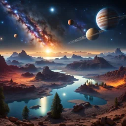 Beautiful view five planets Jupiter, Mercury, Venus, Uranus, Mars align sky universe filled with night stars constellations and milkyway. Modifiers: sharp focus extremely detailed Award winning photography fantasy intricate 8k beautiful dynamic lighting award winning fantastic view high definition crisp quality Unreal Engine colourful VRay