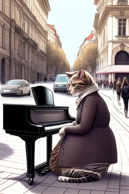 One single mature cat lady playing piano on the street, Vienna, friendly, model style, hyper realistic, extremely accurate, delicate, extremely detailed, Graphic novel style, wide-angle, open aperture, superfine pencil