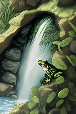 frog falling through a waterfall illustration