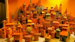 An orange colored town made out of toys painted by Paul Klee