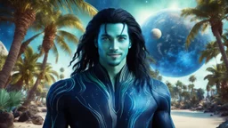 beautiful gorgeous young man na'vi with long hair, Avatar, blue skin, two small ears, green eyes, black hair, in cosmic suit, galactic ambiance, little pointy goatee , smiling, with spaceship and planets and palm trees and clear crystaline cosmic beach in background