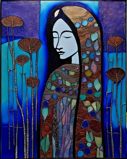 Mixed media painting "Hetairas in the autumn ". Acrylic, ink and sunken relief. Original oil painting by Margaret Macdonald Mackintosh. Style Edouard Vuillard. silver and full-colour illustration. Drifting, gouache with beads, sequins, and gold. in icy cool blues, aquas, warm siennas and ochres, Zentangle, Mosaik, patchwork