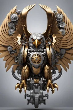 Facing front mechanical cyborg eagle straddle wings detailed, intricate, mechanical, gears cogs cables wires circuits, gold silver chrome copper