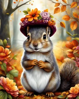 Whimsically Autumn Squirrel Wearing Auumn bonnet with flowers Cute and adorable style Sublimation clipart, detailed, isolated on white background.Centered image, full body length, 64K. Art by Rob Hefferan, and Reint Withaar