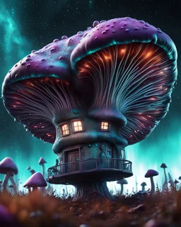 A singular weird floating mushroom house in space. platinum, white, teal and tetradic colors , Dark cosmic galactic interstellar. Detailed Matte Painting, deep color, fantastical, intricate detail, splash screen, hyperdetailed, insane depth, concept art, 8k resolution, trending on Artstation, Unreal Engine 5, color depth, backlit, splash art, dramatic, High Quality Whimsical Fun Imaginative unusual, good composition