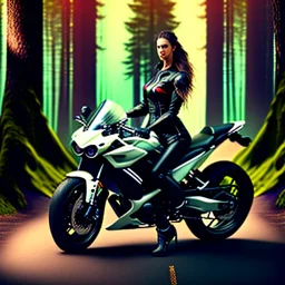 Very attractive woman sitting on a motorcycle. The bike is Yamaha. In the background is a forest. Credible details. Photorealistic. 4K. Wide-angle lens.