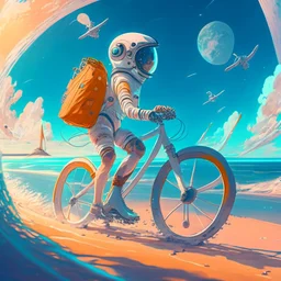 An astronaut riding a bicycle on the beach of a beautiful sea, digital art, anime style, 4k, full details, high resolution