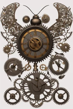 steampunk clock surrounded by cogs and springs, metal insects with wings