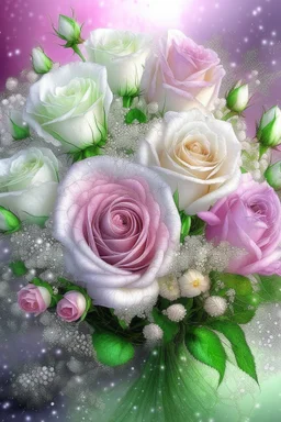 A huge, juicy lush bouquet of pale pink and white roses with gypsophiles and purple lilac, complex, amazing, magical delicate, the color of the sun, mint, sparkling dew drops, dawn, magically, in pastel transparent tones, hyper realistic, beautiful lumen, glitter, professional photo, 3d, realistic, 64k, high resolution, high detail, cgi, hyperrealism, f/16, 1/300s. highly detailed digital painting, bright and juicy photorealistic painting, solar illumination in the background