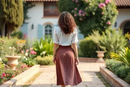 fullbody shot,of beautiful lady walking toward camera in a pretty villa garden wearing skirt and blouse , curvy hair,