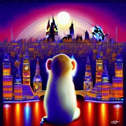 A monkey playing the drums, london skyline at night, in the style of Salvador Dali