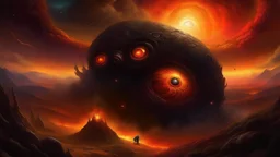 A sleeping giant figure with glowing eyes and mouth, surrounded by a fiery, apocalyptic landscape with dark clouds and glowing orbs in the sky