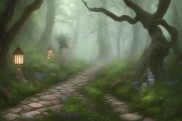 wooded forest stone lantern path