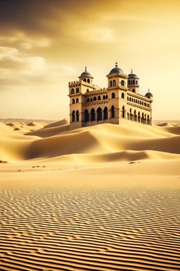 Abandoned castle blurred, in desert. Traveler with carrier passes by. Sandstorm nearby