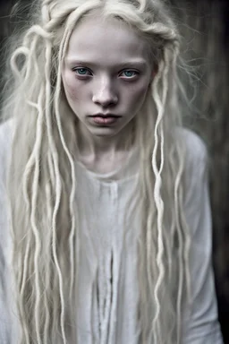 Emotive photographic image - stunningly beautiful, 15 year old albino girl chechen facial features anorexic. sickly, pale skin. blotches on skin. wild, very long, floor length, wavy wispy ghostly white hair in messy braids. ghostly white eyebrows and ghostly white eyelashes. lovely face, sculpted cheeks. beautiful, succulent, pale lips. barefooted. cinematic dynamic masterpiece, hyper realistic film still, beautifully detailed, soft lighting, ethereal, sparkle, beautifully lit, dramatic lighting