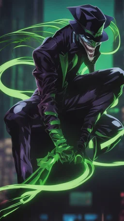 A very close picture to Mix between the joker and venom symbiote in solo leveling shadow art style with neon green details