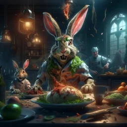 infernal portrait of chopped crazy scientist and army officer irradiating food inside grove with huge fluffy levitating yoga hare with nightmare mutations, 4 k, down-light, soft light, depth of field, photo realism, trending on art station, high detail, spray paint