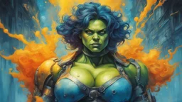 woman hulk iSteampunk, cyberpunk, analog style, Portrait of a cyborg yellow blue turcoise and orange multicolor ink flow: 8k resolution photorealistic masterpiece: Albert Seveso: Anna Dittmann: intricately detailed fluid gouache painting: by Jean Baptiste Mongue: calligraphy: acrylic: watercolor art, professional photography, natural lighting, volumetric lighting maximalist photoillustration: by marton bobzert: 8k resolution concept art intricately detailed, complex, elegant, expansive, fantasti