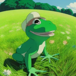 A green frog smiling with a big light blue hat on, wearing blue work overalls, skipping and dancing around in a field during a sunny day. Bokeh, fisheye.