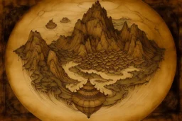 A brown X shaped prison on a planet painted by Guo Xi