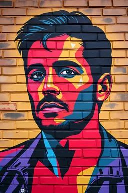 Imagine a man painted on a brick wall. This man is in several colors, duplicates, and painted with depth, like a cinematic portrait of the 90's era, in a disco, techno spirit.