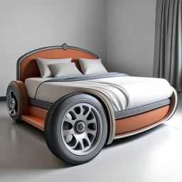 A bed with car wheels and a car belt on it