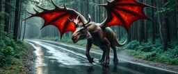 moose dragon rex with powerful wings in forest by the wet shiny road