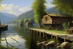 Peder Mork Monsted style, fisher hut with a pier,