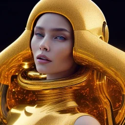 beautiful cosmic golden woman, long hair, nice smiling, magic glamour make up, delicate colors, beautiful glamour galactic golden dress, ultra sharp focus, 8k, unreal engine 5, extremely sharp detail, light effect, soft light atmosphere of a spaceship, smooth, full of details, face in front, complete vision of body