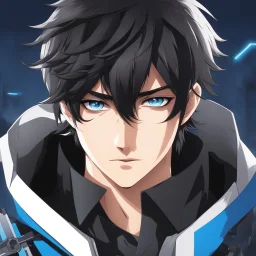 (masterpiece), (anime style), award winning, close up, centered, headshot, looking toward camera, messy black hair, young man, blue eyes, modern, dynamic lighting, ultra detailed, (epic composition, epic proportion), professional work, black clothes