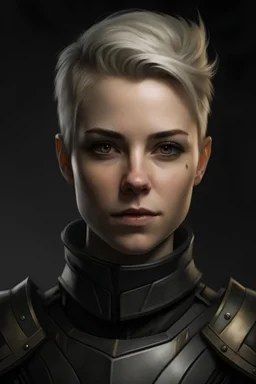 portrait of a woman with angular features, short platinum blond hair, grey eyes and elf ears wearing black and grey military style armor