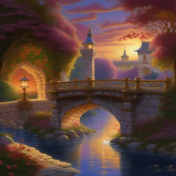 A picturesque stone bridge, adorned with intricate carvings and vibrant flowers, spans a calm river during a golden sunset. Vintage street lamps with blooming vines cast a warm glow, creating a romantic atmosphere. The sky transitions from deep oranges and purples near the horizon to soft pinks and blues above. The scene exudes serenity, with the distant sounds of birds and rustling leaves, set against rolling hills covered in lush greenery.