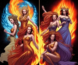 four dolldivine representing each one the four elements: fire, earth, air, and water. Mark Brooks and Dan Mumford, comic book art, perfect, smooth elemental galactic space core royalty queens crown.