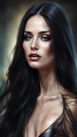 Portrait of an skinned beautiful woman with long dark hair, photorealistic, fantasy