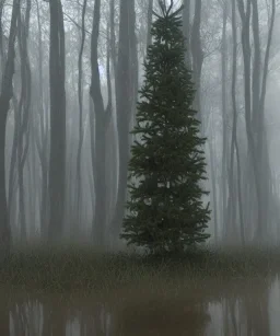 festive Christmas tree in a misty swamp