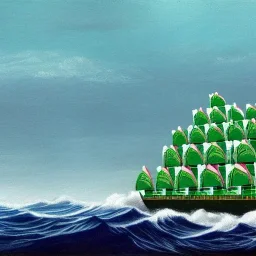 A ship made of watermelons on a rough sea