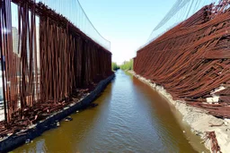 your creativity versus my imagination, tectonic cityscape clove, arafed river of clueless rust, |steel hot, puṣkaracūḍa, made of scrap metal and rusty wires, great verticals, perfect parallels, industrial vibe, police juxtaposition