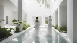 Woman in the foreground dressed in white in a bright white minimalist interior courtyard where the murmur of water whispers and the shadows of some leaves of nearby plants sway