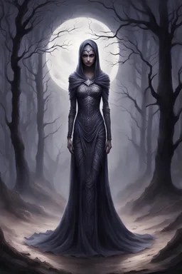 a slender figure draped in robes woven from night, observed the kneeling warrior with eyes like smoldering embers. The whispers of countless souls swirled around her, a constant, morbid hum that underscored the finality of her domain.