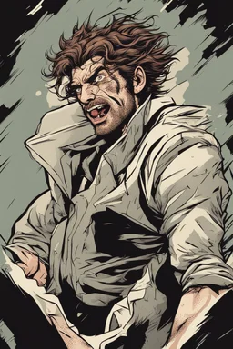 deranged man with messy hair and stubble comic book style