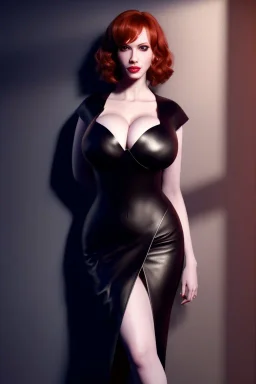 Christina Hendricks dressed in black leather gown, frank miller sin city, busty, cleavage, volumetric lighting, particales,highly detailed,cinematic, deep colours,8